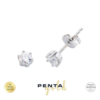 Penta Gold - 14 Ayar Altı Tırnak Swarovski Tektaş Altın Küpe (1)