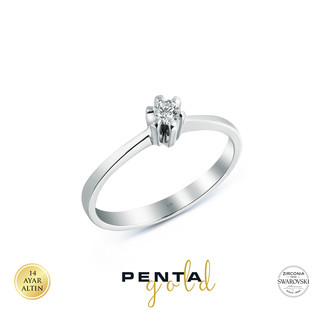 14 Ayar Altın Altı Tırnak Tektaş Yüzük 0,12 ct. Swarovski Taşlı - Thumbnail