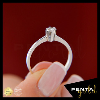 14 Ayar Altın Altı Tırnak Tektaş Yüzük 0,12 ct. Swarovski Taşlı - Thumbnail