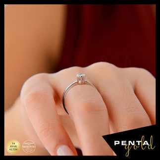 14 Ayar Altın Altı Tırnak Tektaş Yüzük 0,12 ct. Swarovski Taşlı - Thumbnail