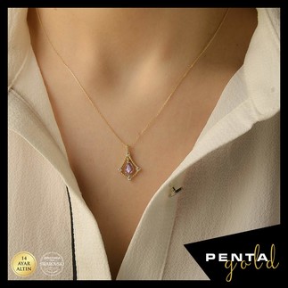 Penta Gold - 14 Ayar Altın Ametist Taşlı Damla Sallantı Kolye