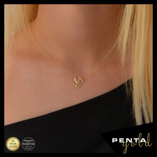 Penta Gold - 14 Ayar Altın Anne Bebek Ayak İzi Swarovski Kolye