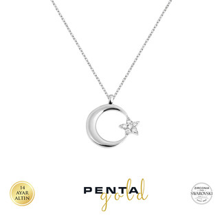 Penta Gold - 14 Ayar Altın Ay Yıldız Swarovski Kolye