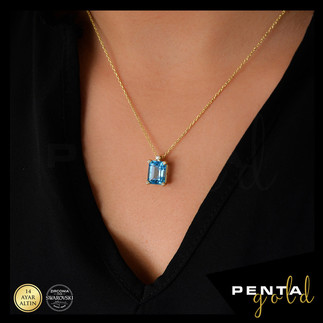 Penta Gold - 14 Ayar Altın Baget Mavi Topaz Kolye (1)