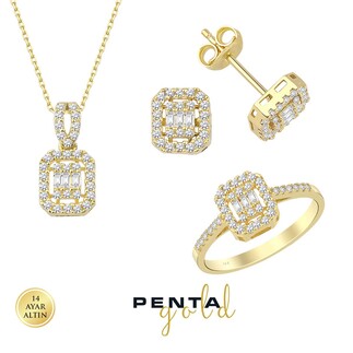 Penta Gold - 14 Ayar Altın Baget Taşlı Anturaj Set