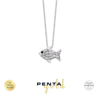 Penta Gold - 14 Ayar Altın Balık Swarovski Taşlı Kolye