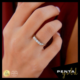 14 Ayar Altın Beş Taş Yüzük 0,38 ct. Swarovski Taşlı - Thumbnail