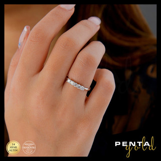 14 Ayar Altın Beş Taş Yüzük 0,49 ct. Swarovski Taşlı - Thumbnail