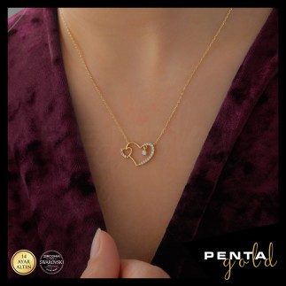 Penta Gold - 14 Ayar Altın Birleşik Kalpli Swarovski Kolye (1)