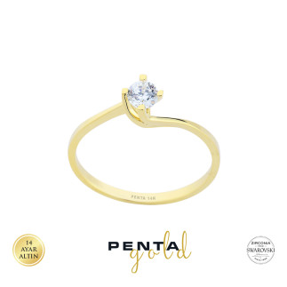 Penta Gold - 14 Ayar Altın Çapraz Tırnak Swarosvki Tektaş Yüzük