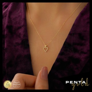 Penta Gold - 14 Ayar Altın Çift Kalpli Swarovski Kolye