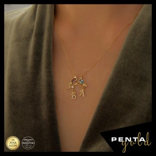 Penta Gold - 14 Ayar Altın Çift Kuşlu Harfli Swarovski Kolye