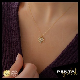 Penta Gold - 14 Ayar Altın Çınar Yaprağı Swarovski Kolye (1)