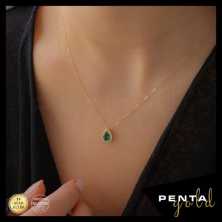 Penta Gold - 14 Ayar Altın Damla Anturaj Swarovski Kolye