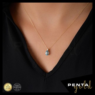 Penta Gold - 14 Ayar Altın Damla Mavi Topaz Kolye