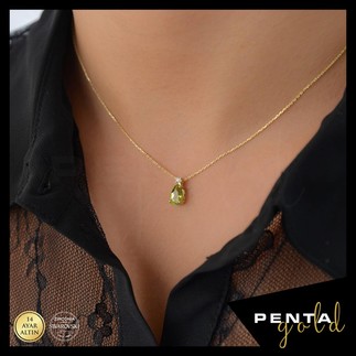 Penta Gold - 14 Ayar Altın Damla Peridot Kolye (1)