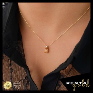 Penta Gold - 14 Ayar Altın Damla Sitrin Topaz Kolye (1)