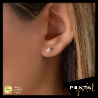 Penta Gold - 14 Ayar Altın Damla Tırnak Küpe 0,13 ct. Swarovski Taşlı