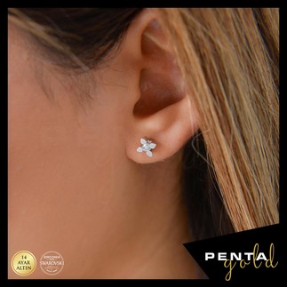 Penta Gold - 14 Ayar Altın Damla Tırnak Küpe 0,20 ct. Swarovski Taşlı