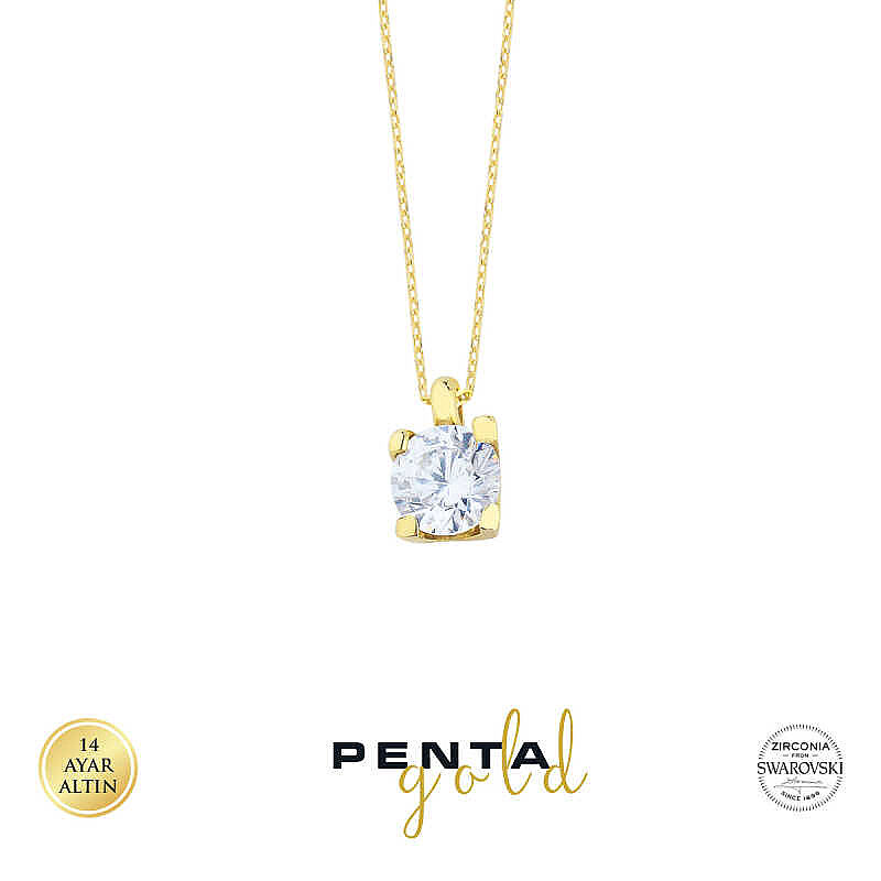 14 Ayar Altın Dört Tırnak Swarovski Tektaş Kolye - 2