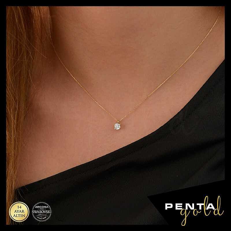 14 Ayar Altın Dört Tırnak Swarovski Tektaş Kolye - 3