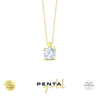 Penta Gold - 14 Ayar Altın Dört Tırnak Swarovski Tektaş Kolye