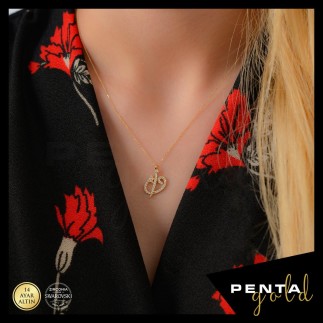 Penta Gold - 14 Ayar Altın Elif Vav Swarovski Kolye (1)