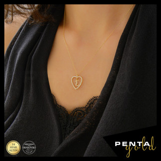 Penta Gold - 14 Ayar Altın Harfli Kalpli Swarovski Kolye