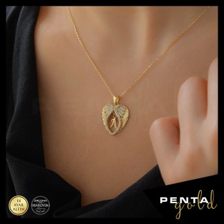 Penta Gold - 14 Ayar Altın Harfli Melek Kanadı Swarovski Kolye