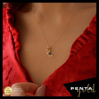 Penta Gold - 14 Ayar Altın Harfli Swarovski Kuşlu Kolye