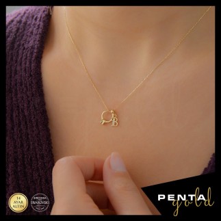 Penta Gold - 14 Ayar Altın Harfli Tektaş Yüzük Swarovski Kolye