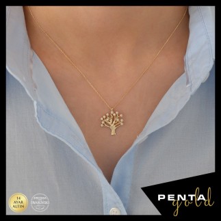 Penta Gold - 14 Ayar Altın Hayat Ağacı Swarovski Taşlı Kolye (1)