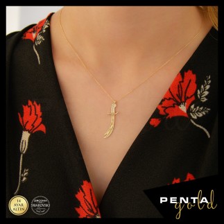 Penta Gold - 14 Ayar Altın Hz. Ali Zülfikar Kılıcı Swarovski Kolye