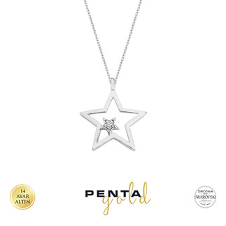 Penta Gold - 14 Ayar Altın İkili Yıldız Swarovski Kolye