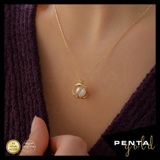 Penta Gold - 14 Ayar Altın İncili Kafes Swarovski Kolye