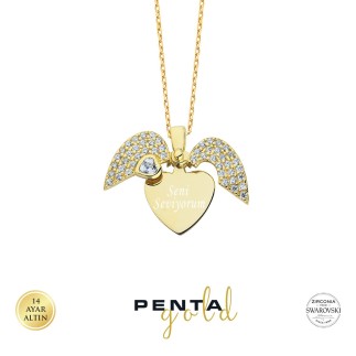 Penta Gold - 14 Ayar Altın İsimli Kalpli Swarovski Kolye