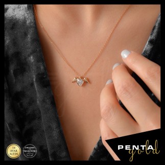 Penta Gold - 14 Ayar Altın Kalp Taşlı Melek Swarovski Kolye