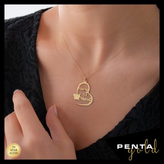 Penta Gold - 14 Ayar Altın Kalpli İki İsimli Kolye