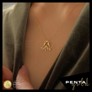 Penta Gold - 14 Ayar Altın Kalpli Kuşlu Swarovski Kolye