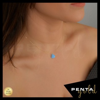 Penta Gold - 14 Ayar Altın Kalpli Opal Taşlı Kolye