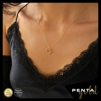 Penta Gold - 14 Ayar Altın Kalpli Süzme Taşlı Swarovski Kolye