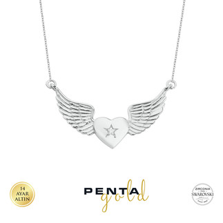 Penta Gold - 14 Ayar Altın Kalpli Swarovski Melek Kanadı Kolye (1)