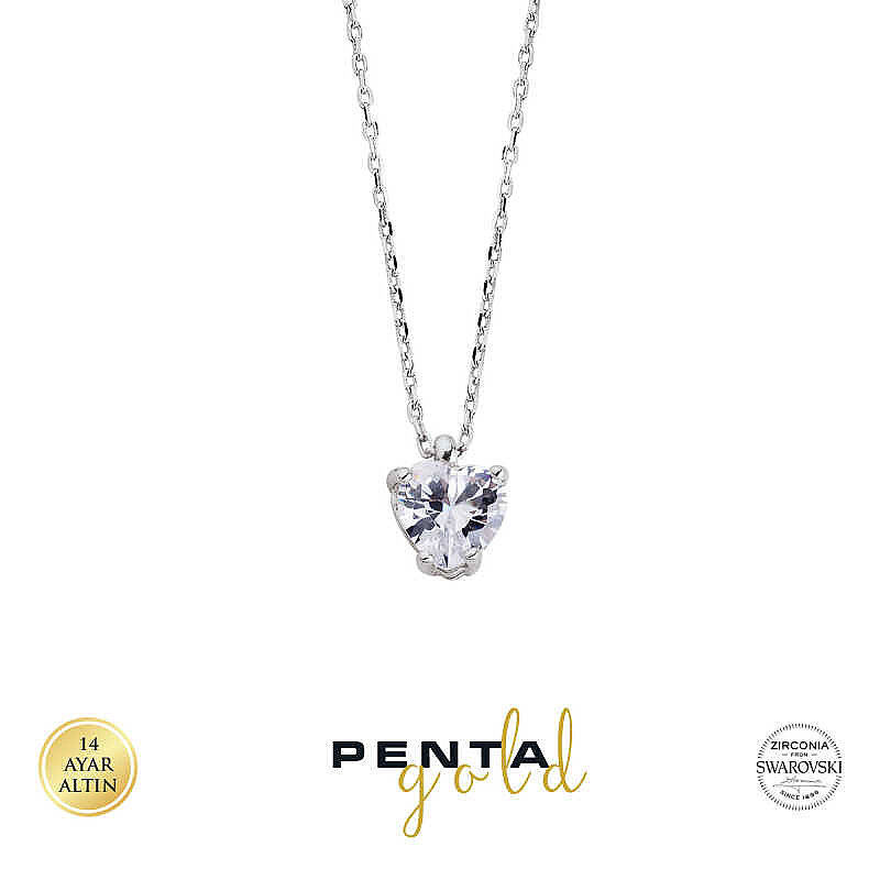 14 Ayar Altın Kalpli Swarovski Tektaş Kolye - 2