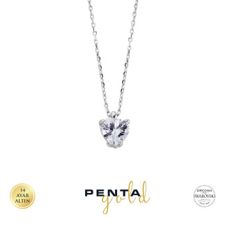 Penta Gold - 14 Ayar Altın Kalpli Swarovski Tektaş Kolye