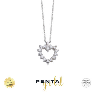 Penta Gold - 14 Ayar Altın Kalpli Tırnaklı Swarovski Taşlı Kolye