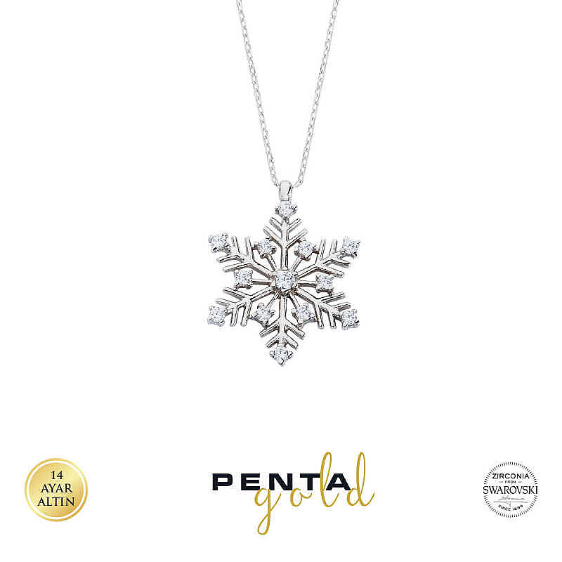 14 Ayar Altın Kar Tanesi Büyük Boy Swarovski Kolye - 2