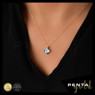 Penta Gold - 14 Ayar Altın Kare Mavi Topaz Kolye