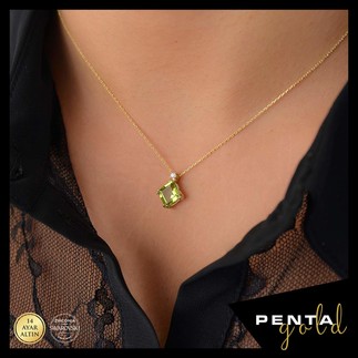 Penta Gold - 14 Ayar Altın Kare Peridot Kolye