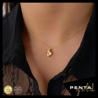 Penta Gold - 14 Ayar Altın Kare Sitrin Topaz Kolye