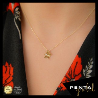 Penta Gold - 14 Ayar Altın Kelebek Swarovski Taşlı Kolye